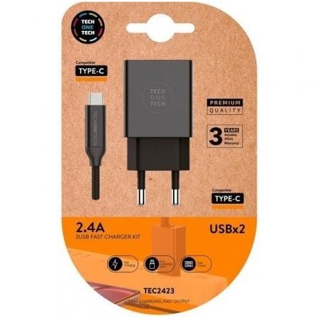 Cargador de Pared Tech One Tech TEC2423- 2xUSB + Cable USB Tipo-C- 2.4A- Negro