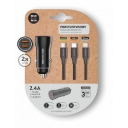 Cargador de Coche Tech One Tech TEC2810- 2xUSB + Cable 3 en 1- 2.4A