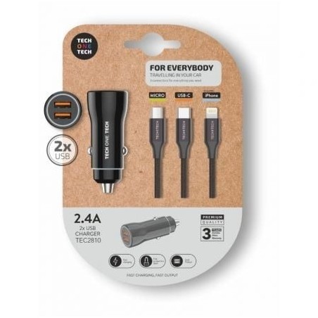 Cargador de Coche Tech One Tech TEC2810- 2xUSB + Cable 3 en 1- 2.4A