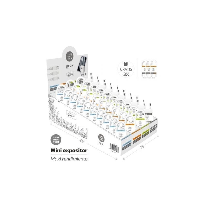 Expositor de Cargadores y Cables Tech One Tech Basik TEC2990- Incluye 30 Cables - 10 Cargadores -  Regalo 3 Cables USB Tipo-C