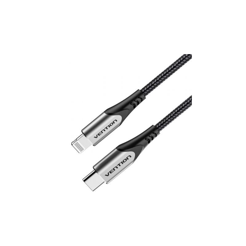 Cable USB 2.0 Tipo-C Lightning Vention TACHH- USB Tipo-C Macho - Lightning Macho- Hasta 27W- 480Mbps- 2m- Gris y Negro