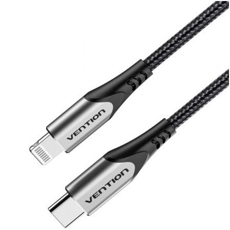 Cable USB 2.0 Tipo-C Lightning Vention TACHH- USB Tipo-C Macho - Lightning Macho- Hasta 27W- 480Mbps- 2m- Gris y Negro