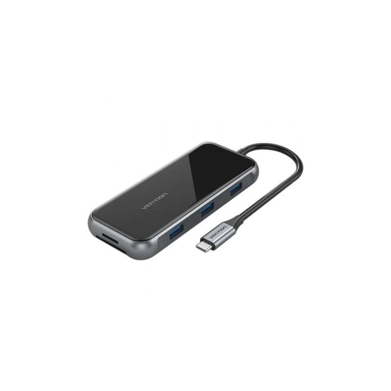 Docking USB Tipo-C Vention TFLHB- 1xHDMI 4K- 3xUSB- 1xRJ45- 1xLector de Tarjetas- 1xTRRS 3.5- 1xUSB Tipo-C PD- Gris
