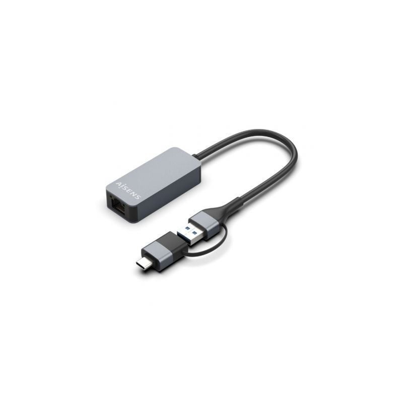 Adaptador USB 3.2 Gen1 Aisens A109-0710- USB Macho - USB Tipo-C Macho - RJ45 Hembra- 2500Mbps- 15cm- Gris