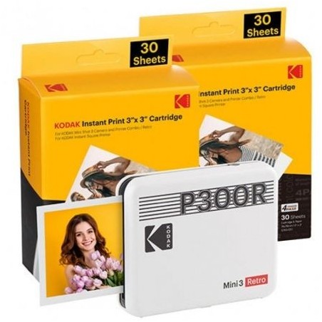 Impresora Portátil Fotográfica Kodak Mini 3 Retro- Tamaño Foto 76.2x76.2mm- Incluye 2x Papel Fotográfico- Blanca