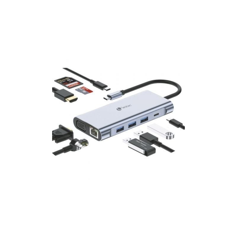 Docking USB Tipo-C Leotec LEDS01- 3xUSB- 2xUSB Tipo-C- 1xUSB Tipo-C PD- 1xHDMI 4K- 1xVGA- 1xRJ45- 1xAudio- 1xLector Tarjetas