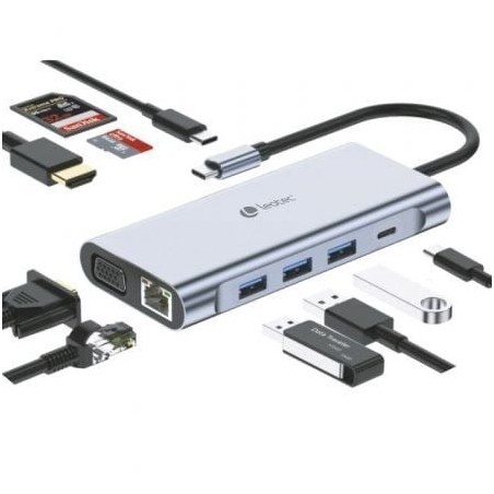 Docking USB Tipo-C Leotec LEDS01- 3xUSB- 2xUSB Tipo-C- 1xUSB Tipo-C PD- 1xHDMI 4K- 1xVGA- 1xRJ45- 1xAudio- 1xLector Tarjetas