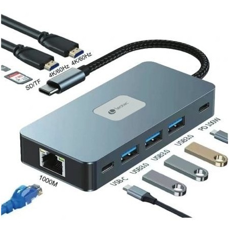 Docking USB Tipo-C Leotec LEDS02- 3xUSB- 1xUSB Tipo-C- 1xUSB Tipo-C PD- 2xHDMI 4K- 1xRJ45- 1xLector Tarjetas SD y MicroSD- Gr