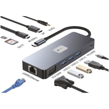 Docking USB Tipo-C Leotec LEDS03- 3xUSB- 1xUSB Tipo-C PD- 1xHDMI 4K- 1 xDisplayPort- 1xVGA- 1xAudio- 1xRJ45- 1xLector Tarjeta
