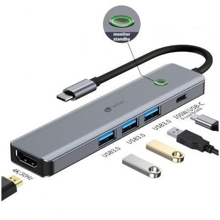 Docking USB Tipo-C Leotec LEDS05- 3xUSB- 1xUSB Tipo-C PD- 1xHDMI- Gris