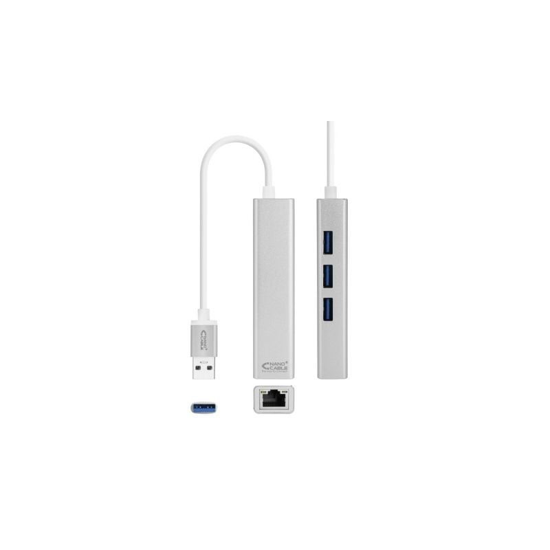 Hub USB 3.0 Nanocable 10.03.0403- 3xUSB- 1xRJ45- Gris