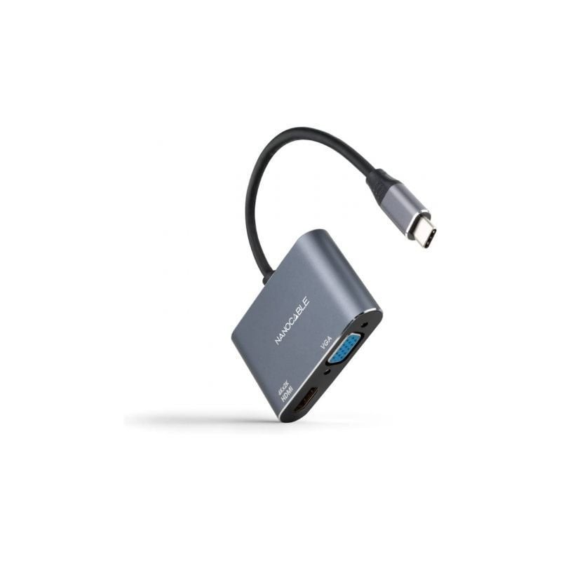 Conversor Nanocable 10.16.4303- USB Tipo-C Macho- HDMI Hembra - VGA Hembra- 15cm- Gris