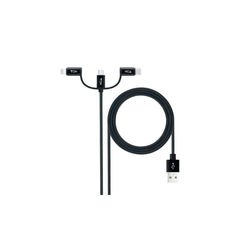 Cable USB 2.0 Nanocable 10.01.3200- Lightning Macho - Micro USB Macho- USB Tipo-C Macho- 1m- Negro