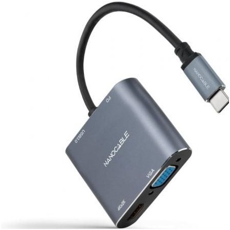 Conversor Nanocable 10.16.4304- USB Tipo-C Macho- HDMI 4K Hembra - VGA Hembra - USB Tipo-C PD Hembra - USB Hembra- 15cm- Gris