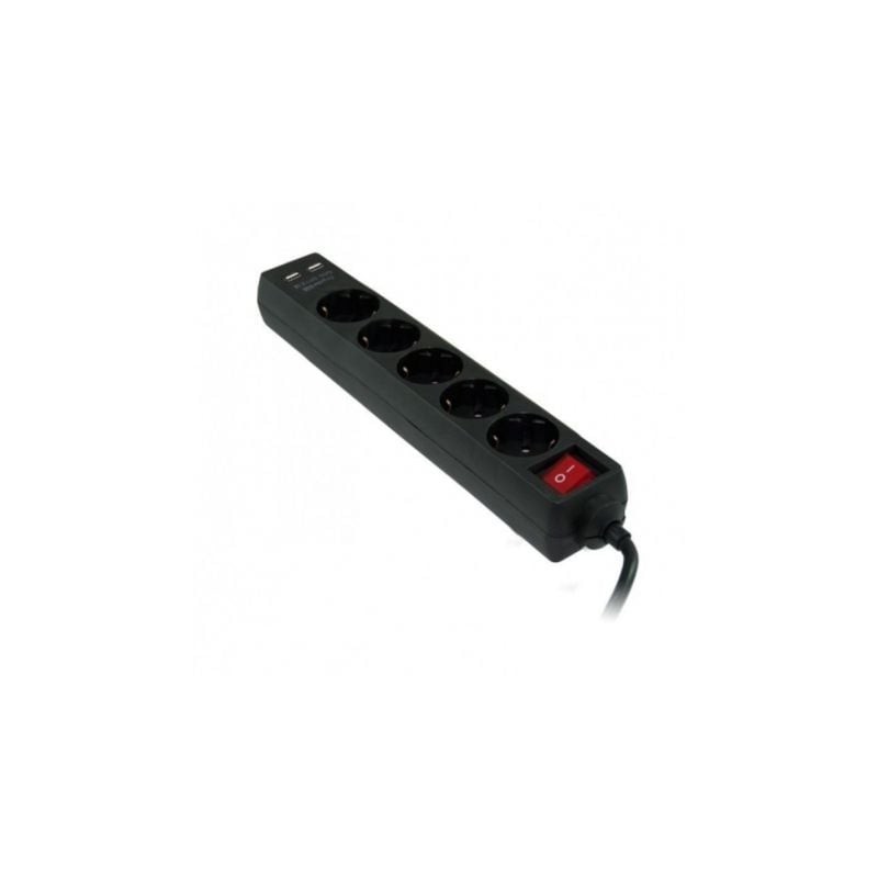 Regleta con interruptor 3GO REG5USB- 5 Tomas de corriente- 2 USB- Cable 1.5m- Negra