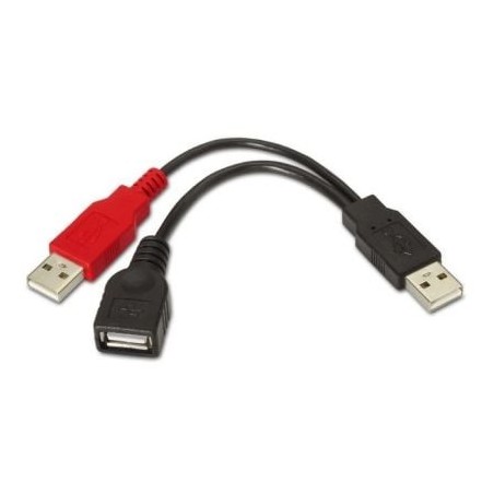 Cable USB 2.0 + Alimentación Aisens A101-0030- USB Hembra + USB Macho - USB Macho- Hasta 2.5W- 60Mbps- 15cm- Negro- Rojo