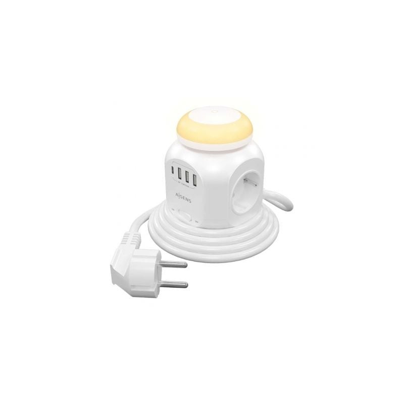 Regleta con Interruptor y Luz Nocturna Aisens ASPS-3A1CL01-W- 4 Tomas de Corriente- 1 USB Tipo-C- 3 USB- Cable 1.8m- Blanco