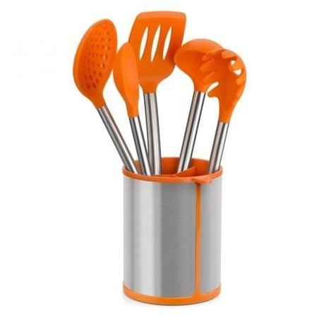 SET 5 UTENSILIOS EFFICIENT BRA A195011 - BOTE PORTA UTENSILIOS - ESPÁTULA - CUCHARA PASTA - CAZO - ESPUMADERA - CUCHARÓN
