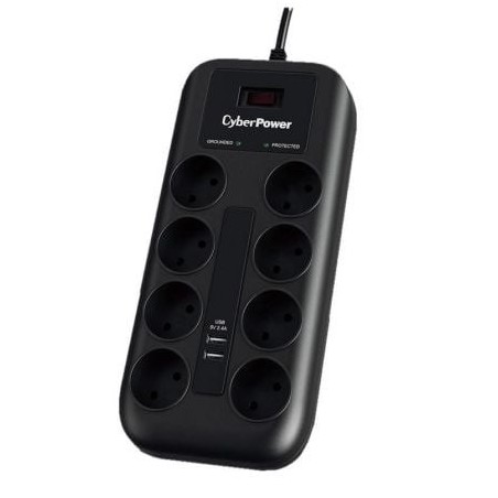 Regleta con Interruptor Cyberpower P0820SUD0-DE- 8 Tomas de corriente- 2 USB- Cable 1.8m- Negra