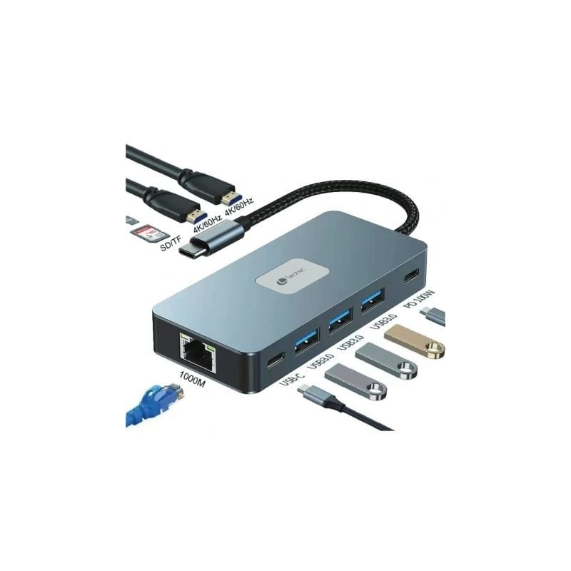 Docking USB Tipo-C Leotec LEDS02- 3xUSB- 1xUSB Tipo-C- 1xUSB Tipo-C PD- 2xHDMI 4K- 1xRJ45- 1xLector Tarjetas SD y MicroSD- Gr