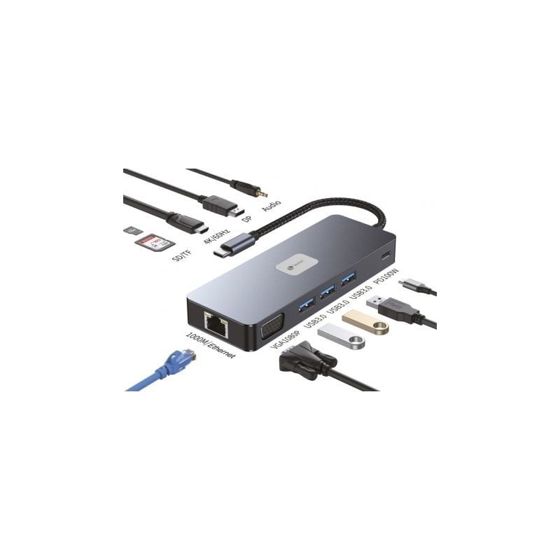 Docking USB Tipo-C Leotec LEDS03- 3xUSB- 1xUSB Tipo-C PD- 1xHDMI 4K- 1 xDisplayPort- 1xVGA- 1xAudio- 1xRJ45- 1xLector Tarjeta